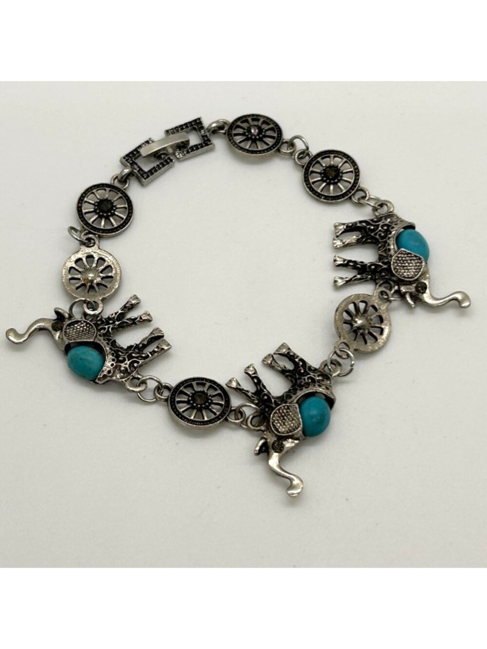 Boho Elephant Link Bracelet Silver Tone Turquoise Color Stone Bohemian Good Luck